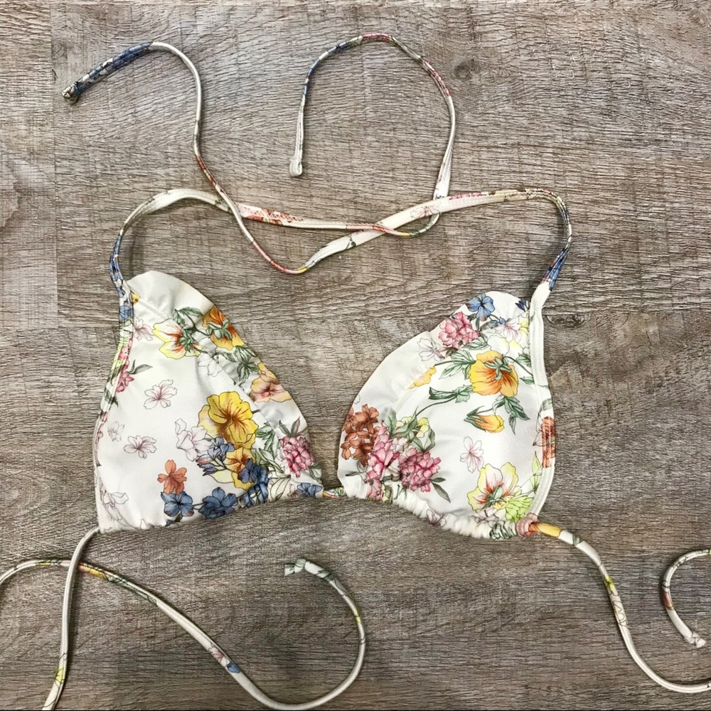 Ruffled White Floral Bikini Top